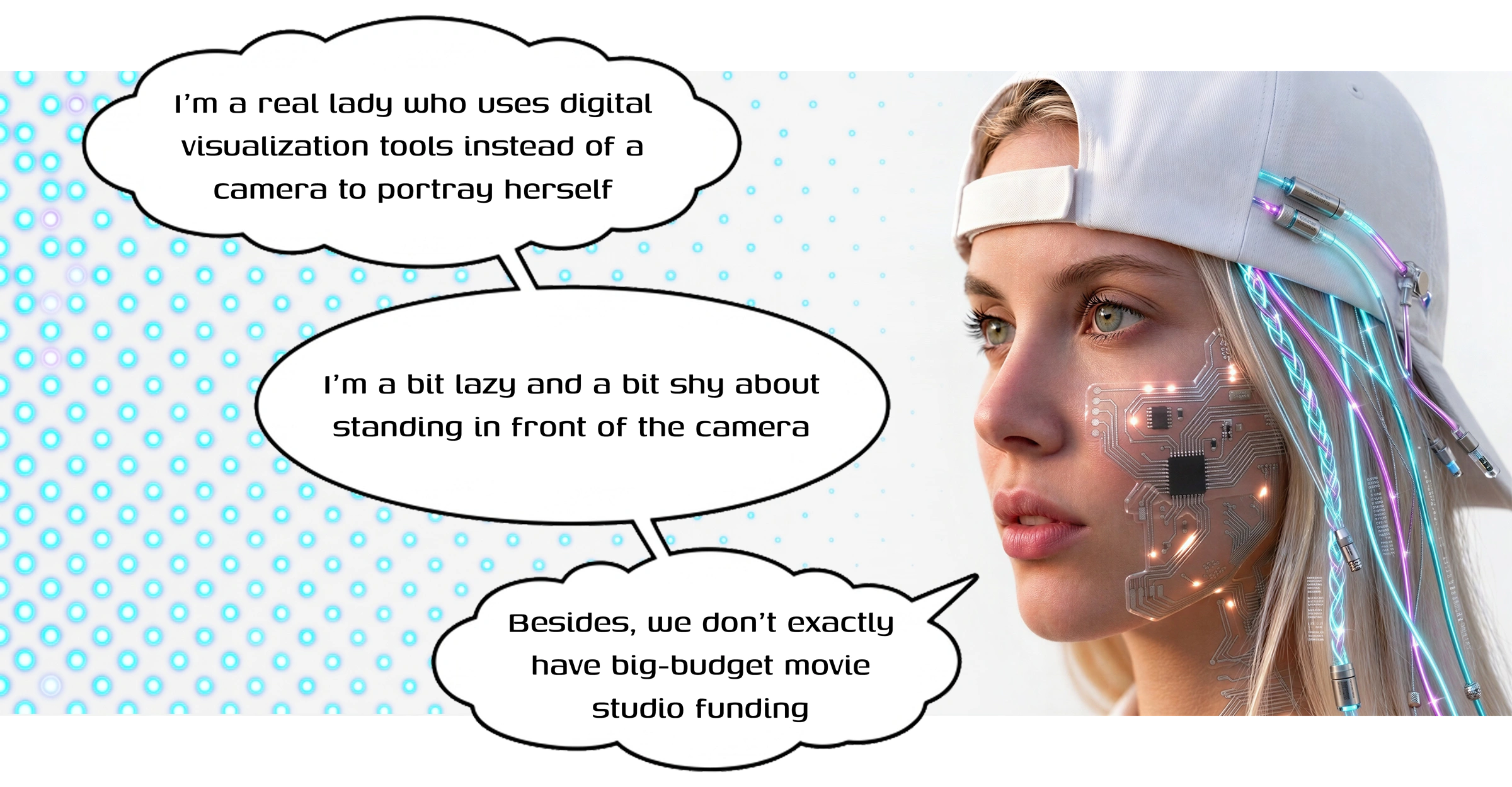 Coola in a futuristic party-style look with illuminated hair accessories and a transparent circuit design on her face